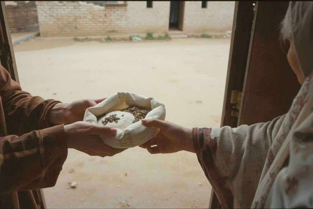 Hands passing a small sack of grain through a doorway