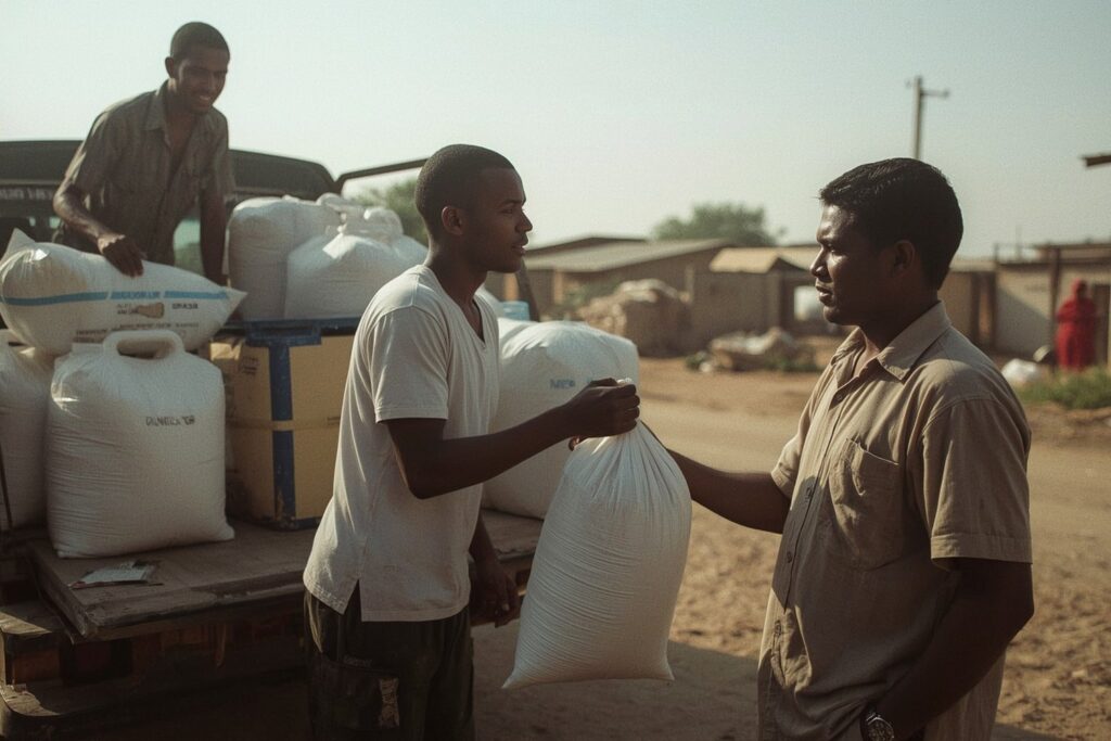 Volunteers handing out sacks of food from a truck