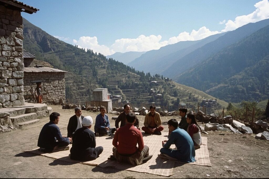 A group sitting together on a mat in a mountain village