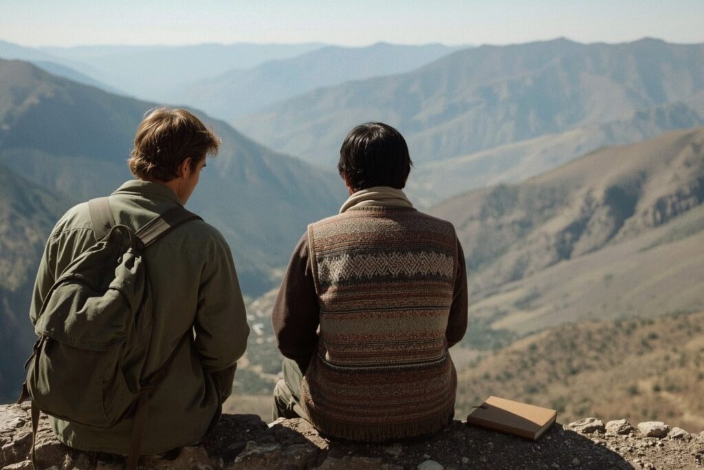 Two people seen from behind looking out over mountain valleys