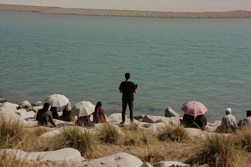 A man reading to a small group gathered on a rocky shore