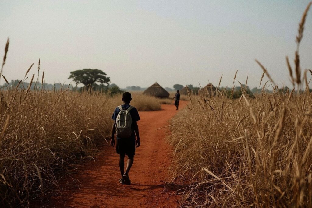 A young man with a backpack walking a red dirt path toward a village