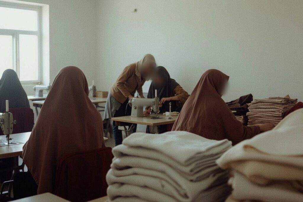 Women at sewing machines in a bright classroom