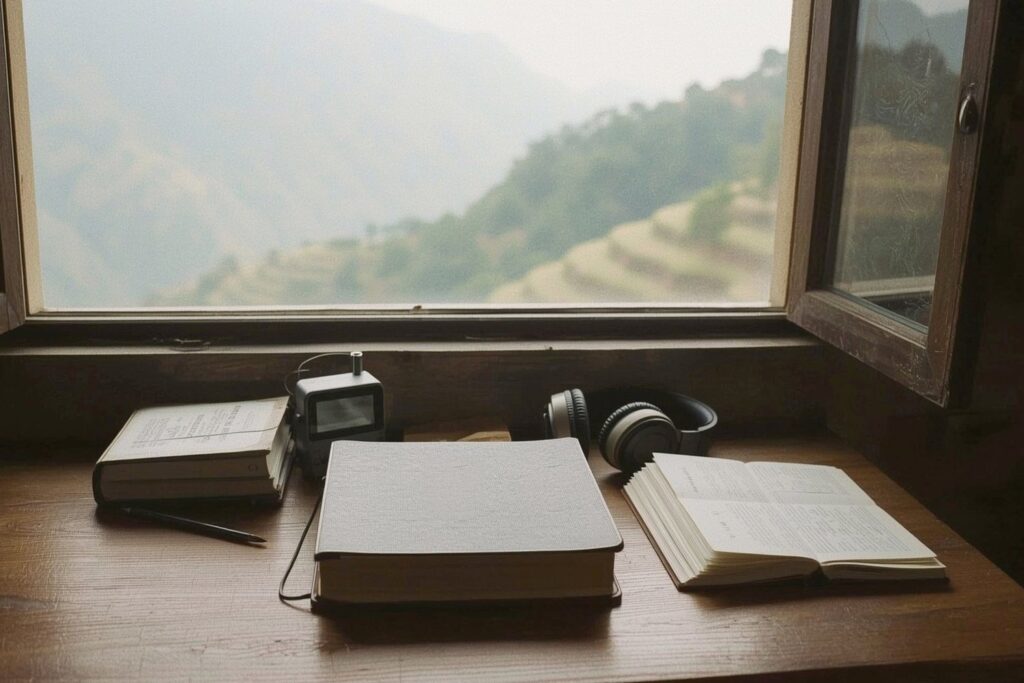 Books, headphones and a small audio player on a wooden desk by an open window