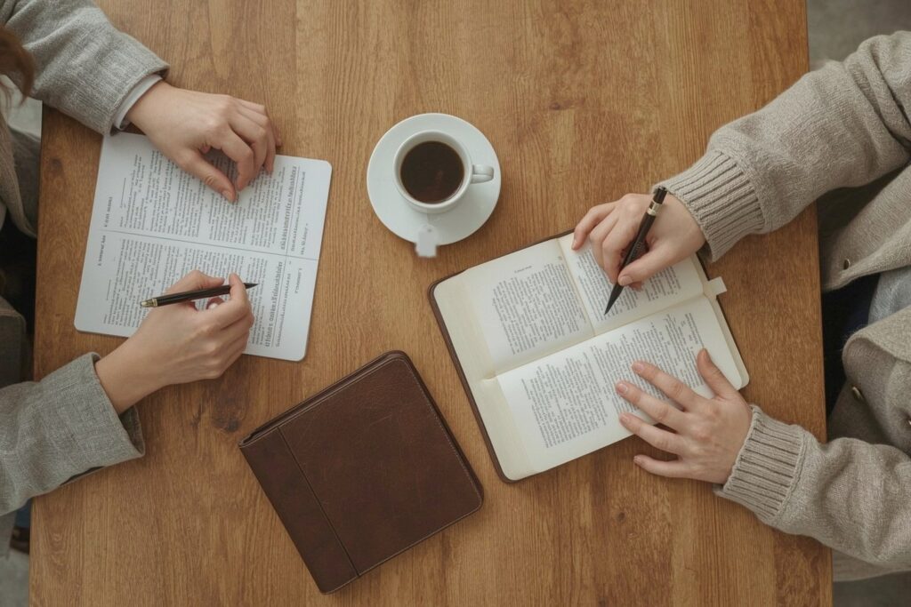 Two people reading and taking notes at a wooden table