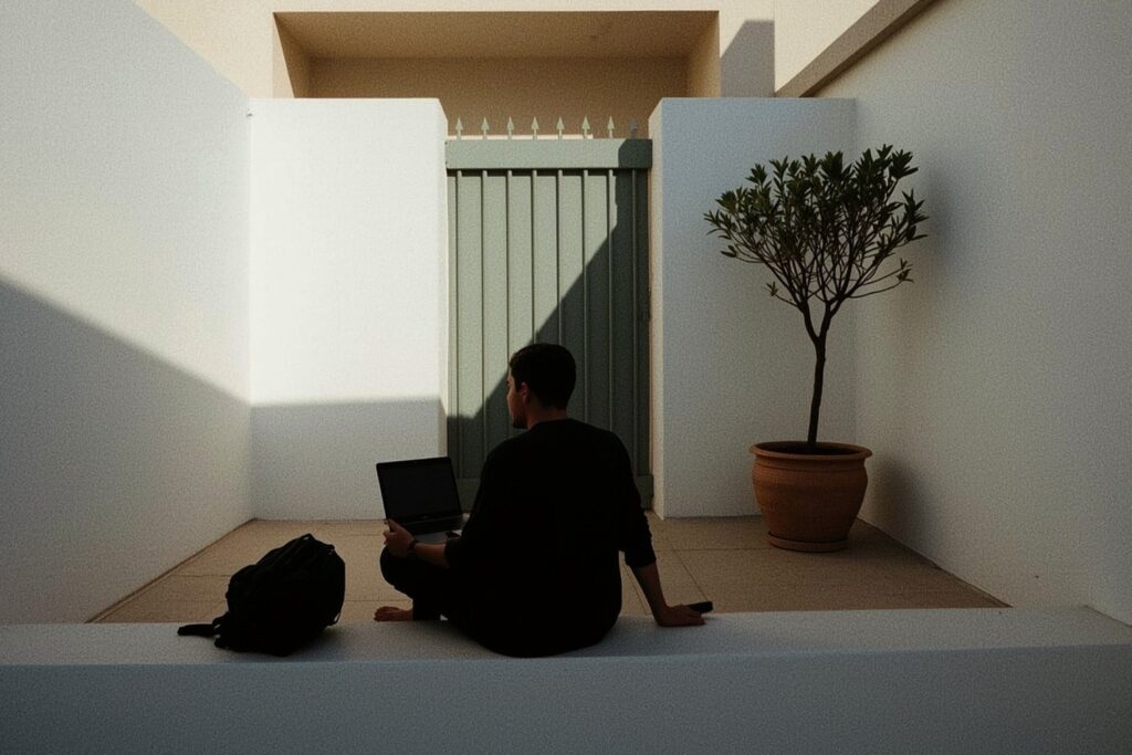 A person working on a laptop in a quiet walled courtyard