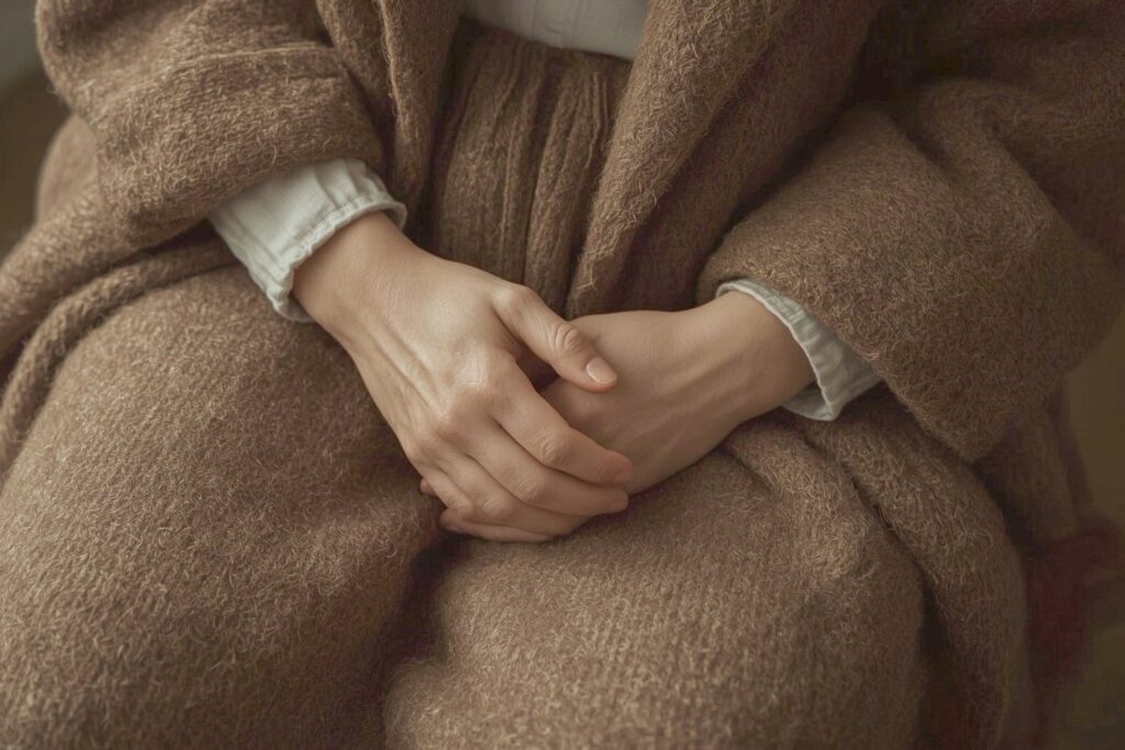Folded hands resting in a lap